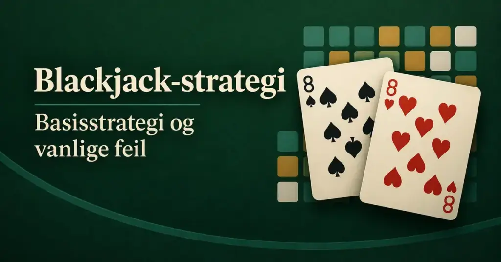 To åttere foran en stilisert strategitabell på grønn bakgrunn med teksten «Blackjack-strategi – Basisstrategi og vanlige feil».