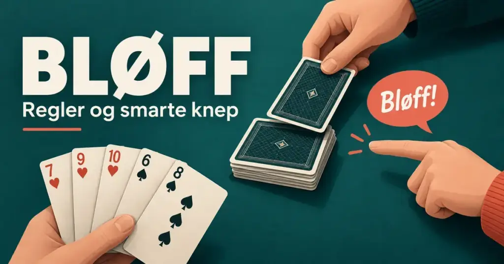 Illustrasjon av kortspillet bløff med spillekort, en hånd som legger et kort på bunken, og en motspiller som peker og roper «Bløff!».