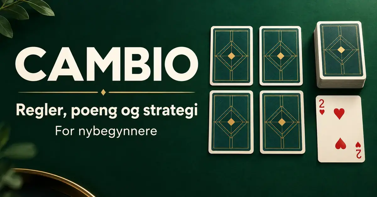 Fire skjulte kort, en kortstokk og en hjerter to på grønn bakgrunn med teksten «Cambio – Regler, poeng og strategi – For nybegynnere».