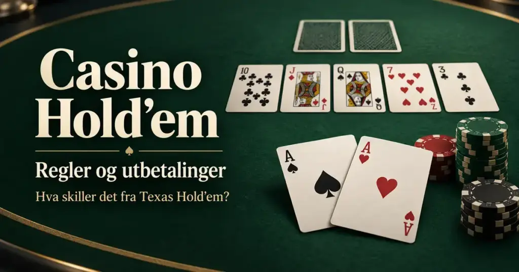 Illustrasjon av Casino Hold’em med to ess, fem felleskort, dealerens skjulte kort og sjetonger på et grønt spillebord, med tekst om regler, utbetalinger og forskjellen fra Texas Hold’em.