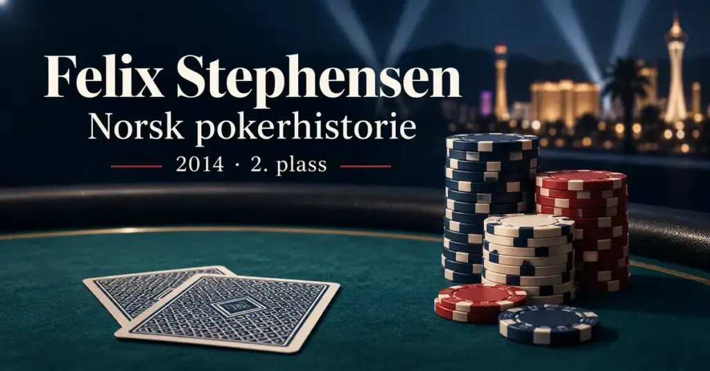 Pokerbrikker og to kort på et mørkt pokerbord med teksten «Felix Stephensen – Norsk pokerhistorie – 2014 · 2. plass».
