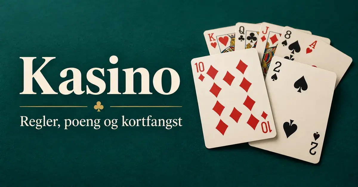 Illustrasjon av spillkort med ruter ti og spar to i forgrunnen på mørkegrønn bakgrunn, ved siden av teksten «Kasino – Regler, poeng og kortfangst».