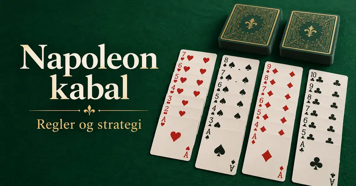Spillkort i kolonner og to kortstokker på grønn filt med teksten «Napoleon kabal – Regler og strategi».