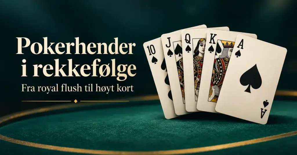 Fem kort viser en royal flush i spar på et grønt pokerbord, ved siden av teksten «Pokerhender i rekkefølge – Fra royal flush til høyt kort».