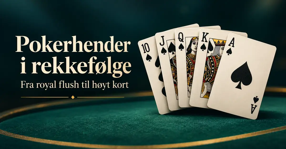 Fem kort viser en royal flush i spar på et grønt pokerbord, ved siden av teksten «Pokerhender i rekkefølge – Fra royal flush til høyt kort».