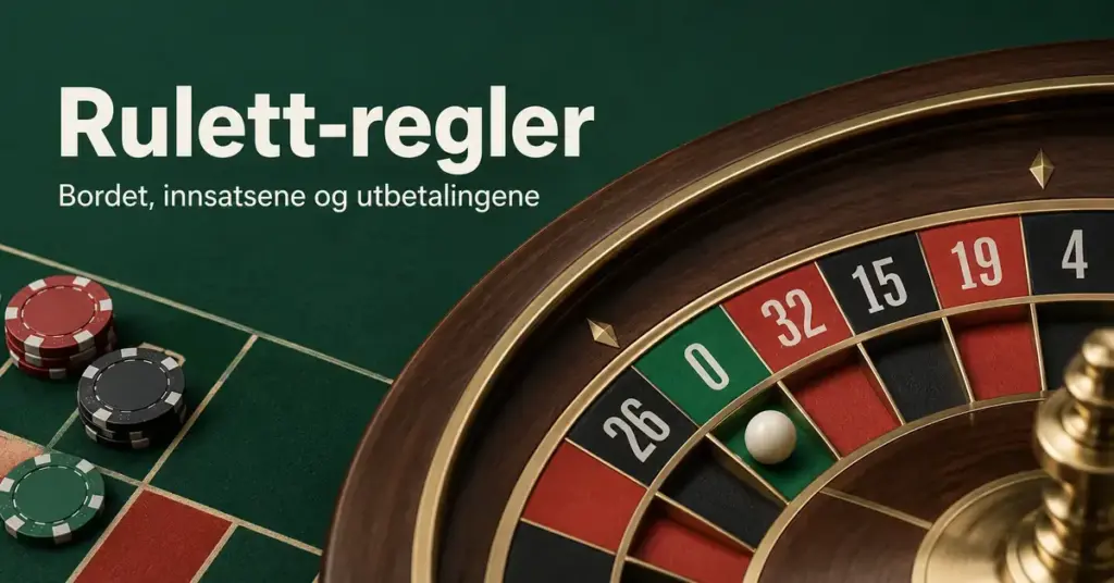 Illustrasjon av et ruletthjul med kule, spillejetonger og en grønn innsatsmatte under teksten «Rulett-regler – Bordet, innsatsene og utbetalingene».