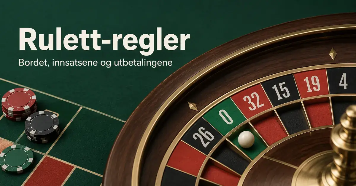 Illustrasjon av et ruletthjul med kule, spillejetonger og en grønn innsatsmatte under teksten «Rulett-regler – Bordet, innsatsene og utbetalingene».