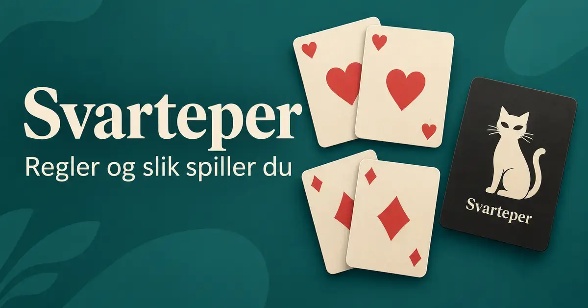 Illustrasjon av to kortpar og et svart svarteperkort med kattemotiv på mørkegrønn bakgrunn, med teksten «Svarteper – Regler og slik spiller du».