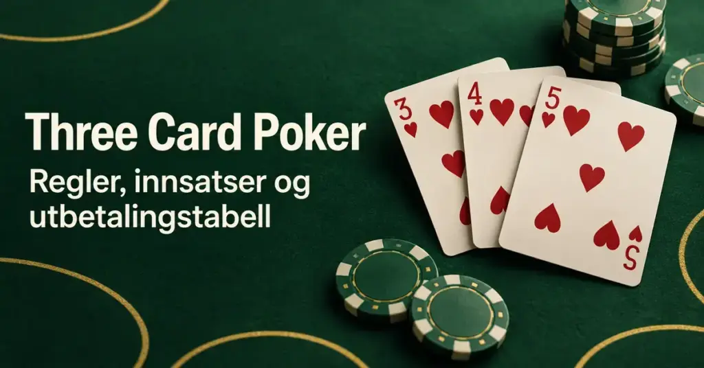 Tre hjerterkort og grønne sjetonger på et grønt spillebord ved siden av teksten «Three Card Poker – Regler, innsatser og utbetalingstabell».