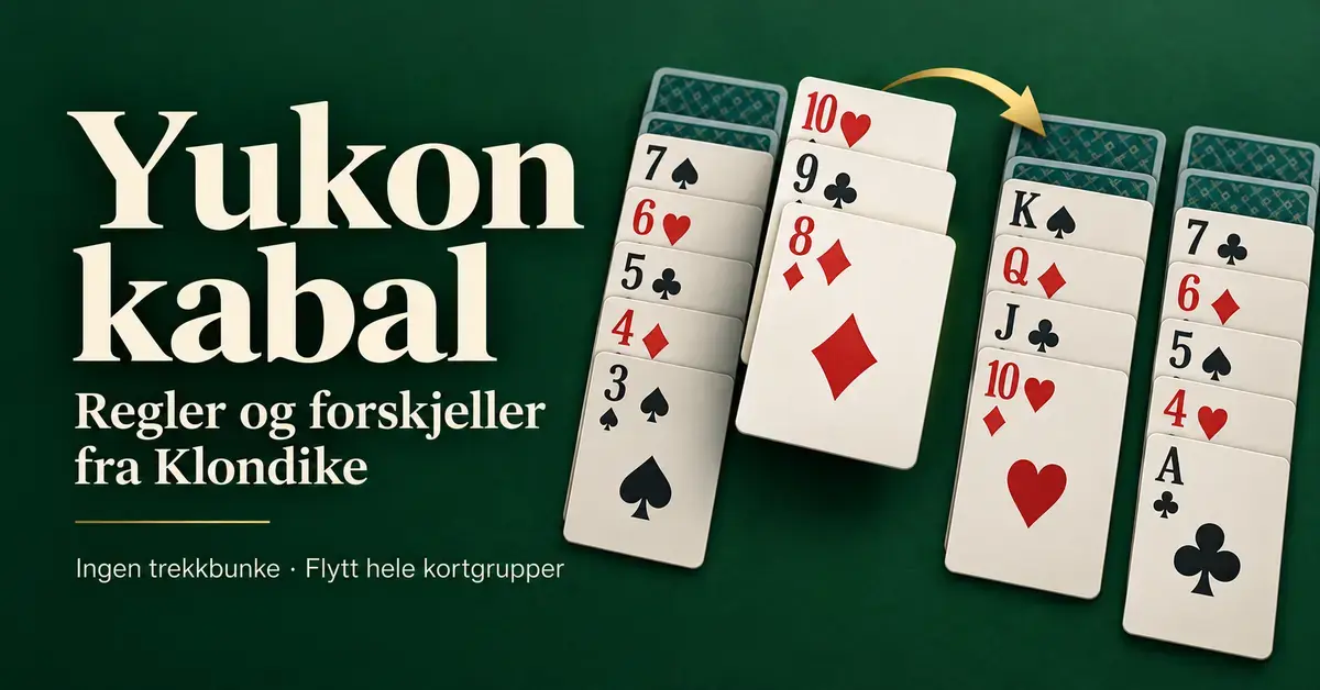 Illustrasjon av Yukon-kabal med åpne kortkolonner på grønn bakgrunn og en pil som viser flytting av en kortgruppe.